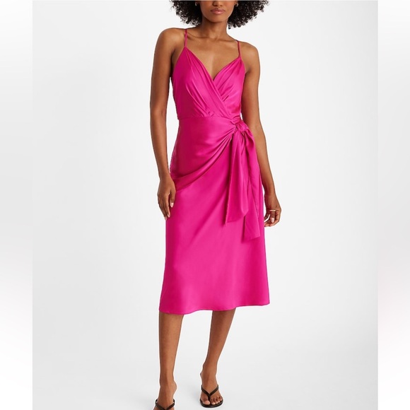 Express Dresses & Skirts - NWT Express XL Satin V-Neck Sleeveless Tie Waist Surplice Berry Neon Midi Dress